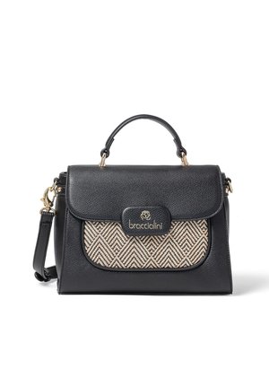 Borsa nera con un design strutturato, caratterizzata da un pannello in tessuto testurizzato con motivo a zig-zag e dettagli in metallo color oro.