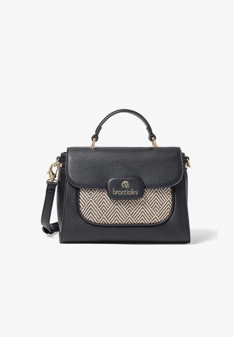 Borsa nera con un design strutturato, caratterizzata da un pannello in tessuto testurizzato con motivo a zig-zag e dettagli in metallo color oro.