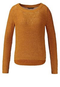 Maglione a maglia giallo senape, con collo a giro, maniche lunghe, polsini e orlo a costine, caratterizzato da un motivo testurizzato su tutta la superficie.