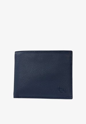 Portafoglio in pelle testurizzata blu scuro con bordi cuciti e piccolo logo in rilievo "by burkley" nell'angolo in basso a destra.