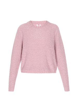 Roza, skrajšana jopica iz teksturirane pletenine z dolgimi rokavi in okroglo ovratnikom. Ima mehko, puhasto zunanjost.