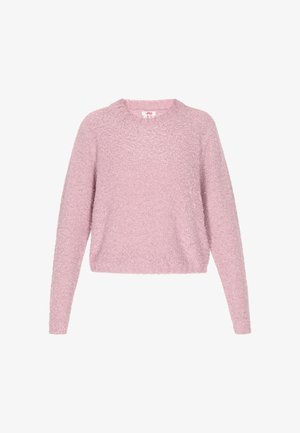 Roza, skrajšana jopica iz teksturirane pletenine z dolgimi rokavi in okroglo ovratnikom. Ima mehko, puhasto zunanjost.