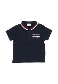 Polo shirt blu navy in cotone, caratterizzato da una chiusura con due bottoni, colletto a righe rosse e bianche, e dettaglio del logo sul petto.
