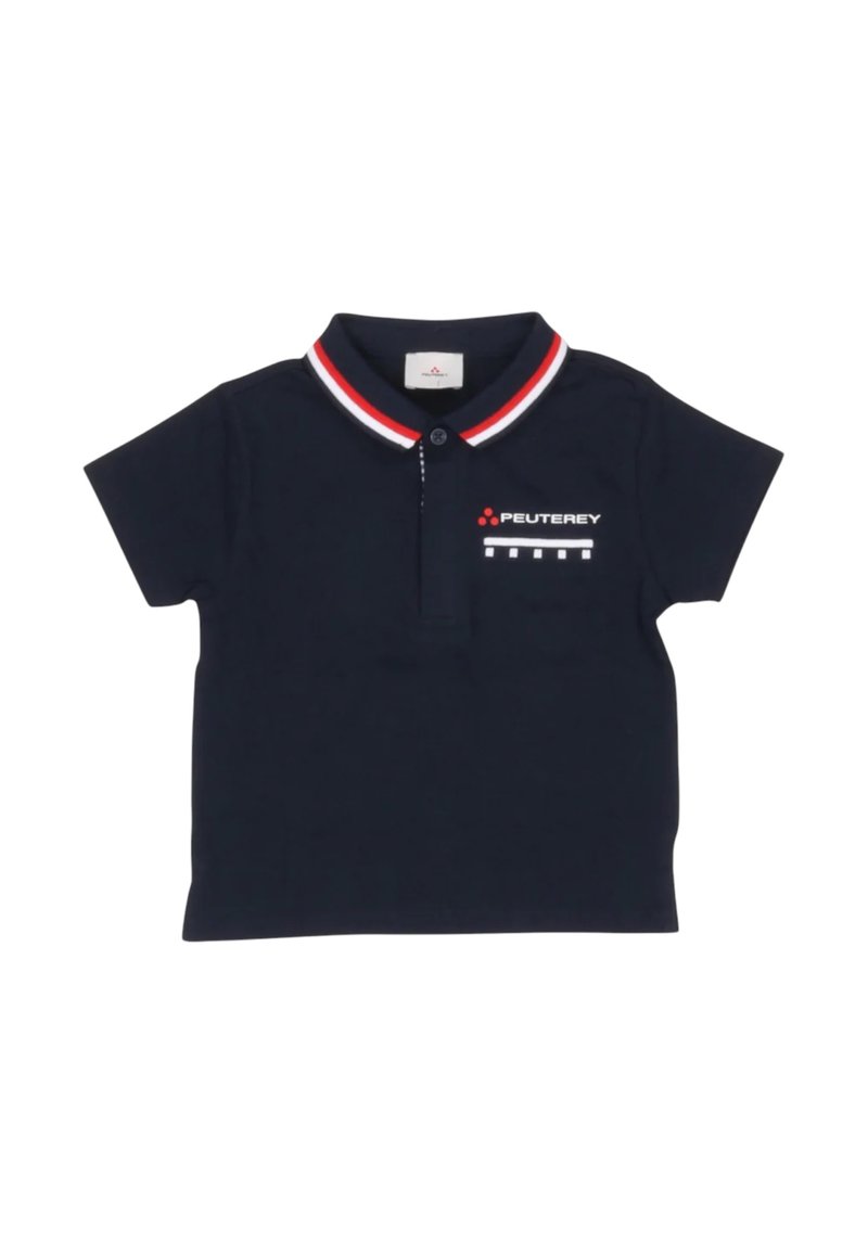 Polo shirt blu navy in cotone, caratterizzato da una chiusura con due bottoni, colletto a righe rosse e bianche, e dettaglio del logo sul petto.