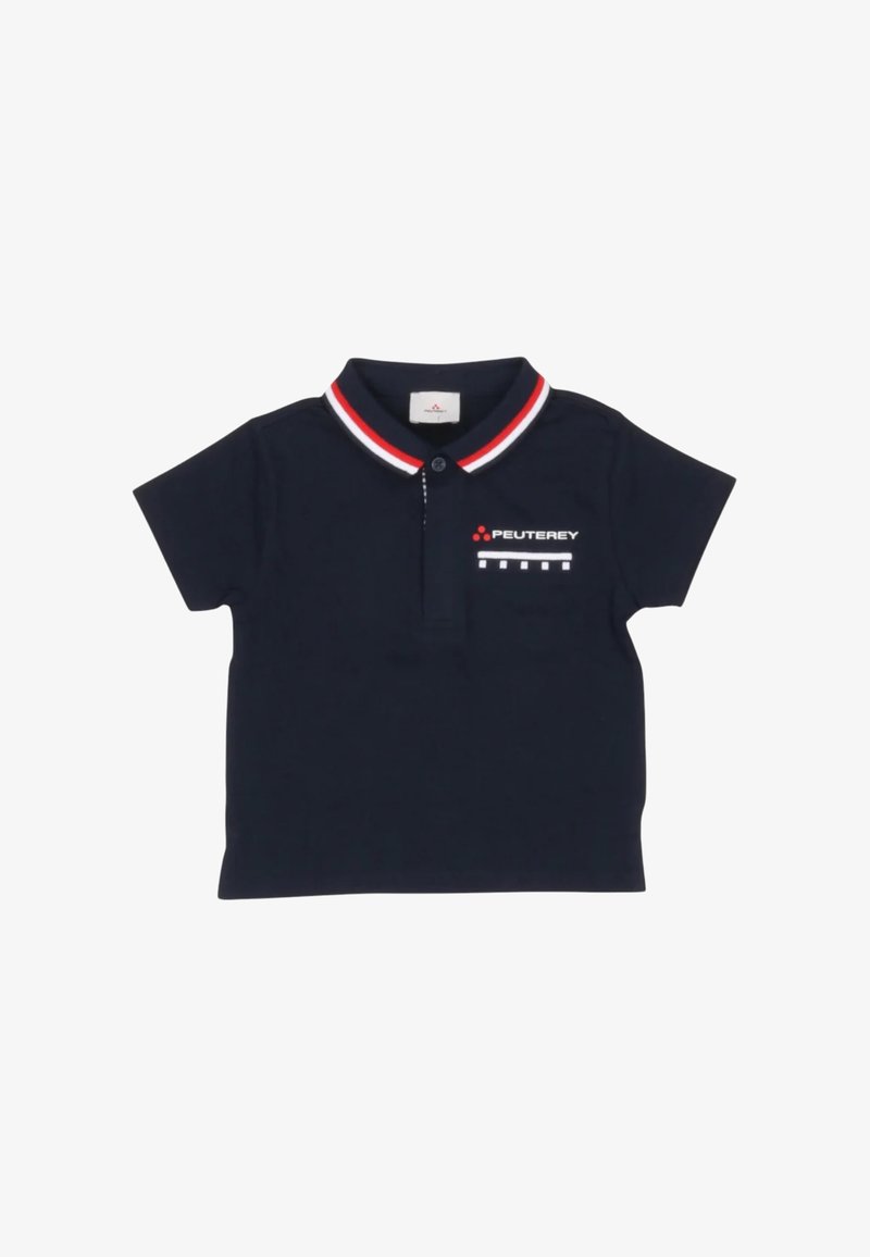 Polo shirt blu navy in cotone, caratterizzato da una chiusura con due bottoni, colletto a righe rosse e bianche, e dettaglio del logo sul petto.
