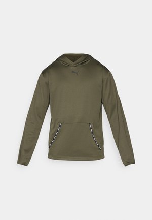 Olive green hoodie with a drawstring hood, long sleeves, and a front kangaroo pocket. Features black Puma logo and patterned side accents.