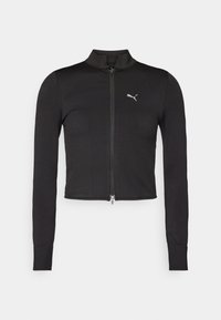 Black cropped zip-up jacket made of stretchy fabric, featuring a mock collar and a small silver Puma logo on the left chest.