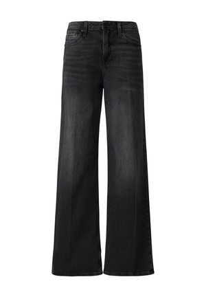Jeans noir évasés en denim. Dotés d'une fermeture à bouton et à glissière, cinq poches et d'une légère décoloration sur le tissu.
