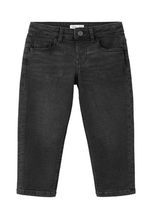 Schwarze Denim-Jeans mit Knopf- und Reißverschluss, vorne und hinten Taschen sowie Gürtelschlaufen, flach auf weißem Hintergrund liegend.