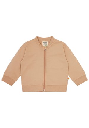 Helle beige Zip-Jacke mit Rundhalsausschnitt, langen Ärmeln und gerippten Bündchen. Verfügt über ein kleines Logo-Label nahe dem Saum. Glatte Textur.