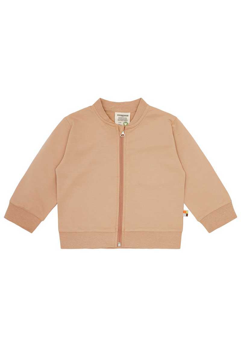 Lichtbeige ritsjack met een ronde hals, lange mouwen en rib结构 mouwen. Heeft een kleine logolabel nabij de zoom. Soepele textuur.