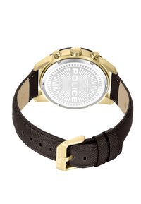 Guldtonad klocka med en rund silverfärgad urtavla, brunt läderarmband, strukturerad yta och ett spänne med varumärket "POLICE".