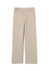 Beige wijde broek van zachte stof, met een trekkoord in de taille en twee achterzakken. Glad oppervlak met minimale naden.