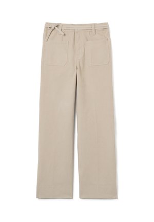 Beige wijde broek van zachte stof, met een trekkoord in de taille en twee achterzakken. Glad oppervlak met minimale naden.