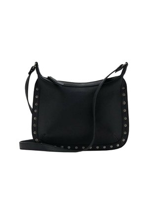 Borsa a spalla in pelle nera con una texture liscia, caratterizzata da borchie metalliche lungo i bordi, forma piatta e una sola tracolla regolabile.