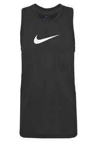 Czarny bezrękawnik sportowy wykonany z oddychającej siateczki. Na przodzie znajduje się białe logo Nike Swoosh. Standardowy krój, okrągły dekolt.