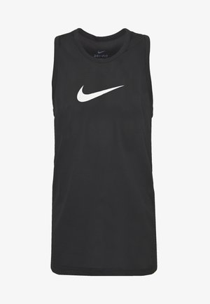 Czarny bezrękawnik sportowy wykonany z oddychającej siateczki. Na przodzie znajduje się białe logo Nike Swoosh. Standardowy krój, okrągły dekolt.