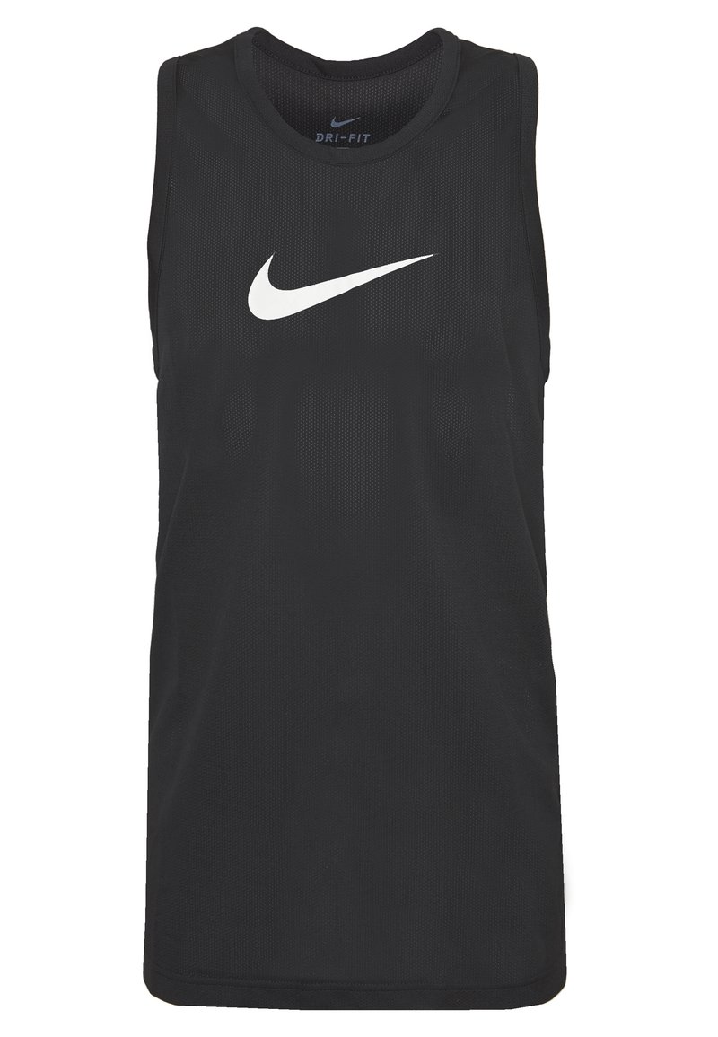 Czarny bezrękawnik sportowy wykonany z oddychającej siateczki. Na przodzie znajduje się białe logo Nike Swoosh. Standardowy krój, okrągły dekolt.