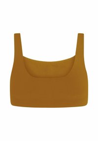 Top corto color mostaza con un elegante escote cuadrado, tirantes anchos y una textura de tela suave y elástica.