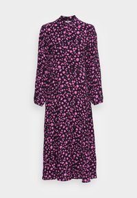 Abito a maniche lunghe in tessuto nero con un motivo floreale rosa, caratterizzato da un colletto alto e una silhouette fluida. Design leggero e versatile.