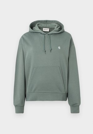 Grågrøn hoodie med en kængurulomme, snørehætte og et lille logo på brystet. Fremstillet af blødt, tekstureret stof.
