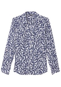 Camicia button-up in tessuto navy con un motivo a foglie bianche. Maniche lunghe, texture morbida e due tasche frontali per praticità.