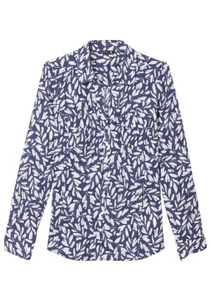 Knoopshirt in Navy stof met een wit loofpatroon. Lange mouwen, zachte textuur en twee voorzakken voor functionaliteit.