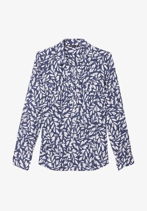 Knoopshirt in Navy stof met een wit loofpatroon. Lange mouwen, zachte textuur en twee voorzakken voor functionaliteit.