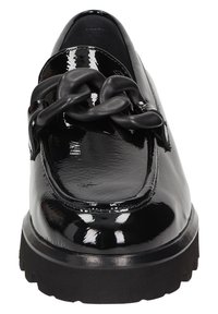 Black patent loafers with a chunky sole, featuring a raised chain detail across the top. Smooth finish and rounded toe design.