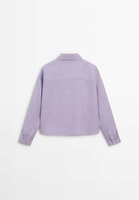 Lavender collared shirt, long sleeves with buttoned cuffs, and a straight cut. Made from lightweight fabric, featuring a smooth texture.