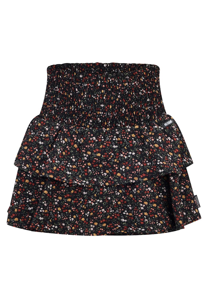 Schwarzer Blumenskirt mit geraffter Taille, der mehrlagige Rüschen hat. Der Stoff zeigt kleine, bunte Blumenmuster auf dunklem Hintergrund.