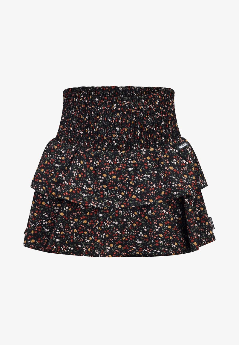 Schwarzer Blumenskirt mit geraffter Taille, der mehrlagige Rüschen hat. Der Stoff zeigt kleine, bunte Blumenmuster auf dunklem Hintergrund.