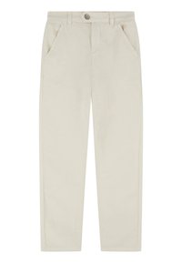 Pantaloni chino beige in cotone, con due tasche frontali, chiusura con bottoni e gambe dritte, caratterizzati da una texture liscia e cuciture minime.