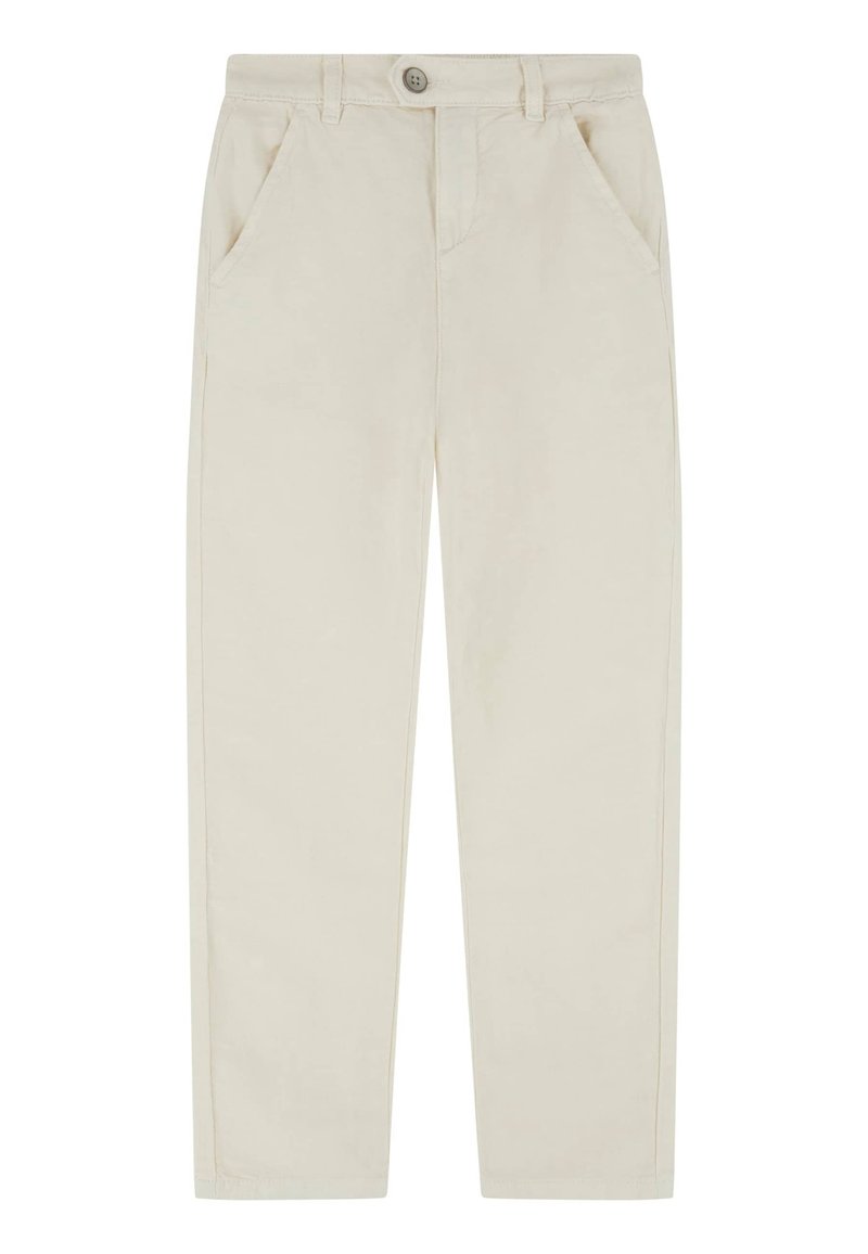 Pantaloni chino beige in cotone, con due tasche frontali, chiusura con bottoni e gambe dritte, caratterizzati da una texture liscia e cuciture minime.