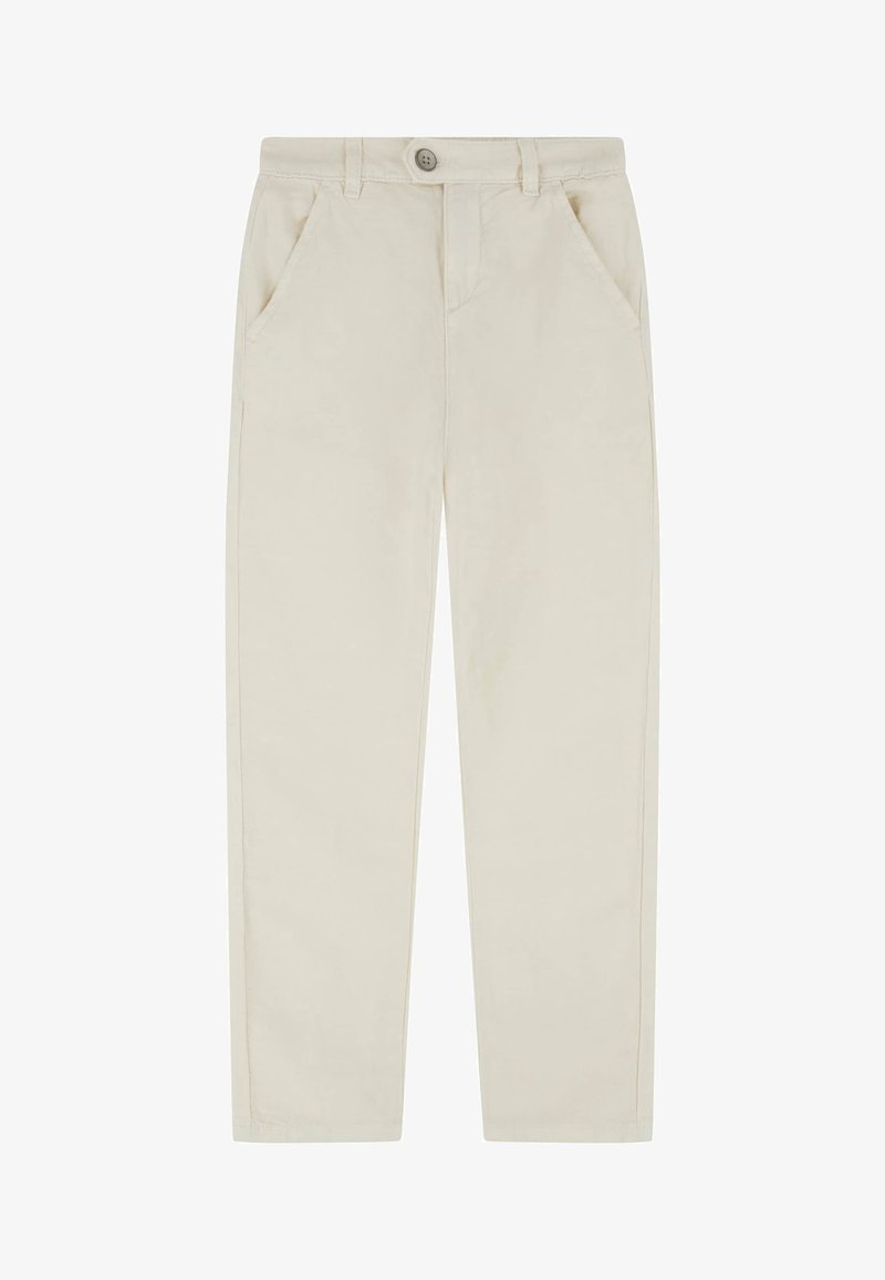 Pantaloni chino beige in cotone, con due tasche frontali, chiusura con bottoni e gambe dritte, caratterizzati da una texture liscia e cuciture minime.