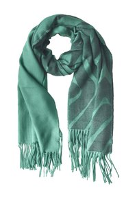 Écharpe en teal doux avec un motif abstrait subtil, des extrémités francomées et une texture lisse, conçue pour la chaleur et le style.
