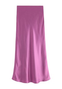 Glat, skinnende satinlang nederdel i ensfarvet klar pink med en let udflaring ved kanten.