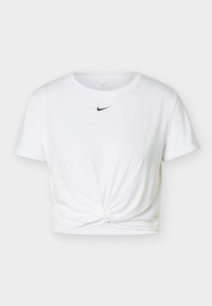 Hvit, kortermet, kort Nike T-skjorte med rund hals og knutedetalj foran, med en liten svart Nike swoosh-logo på brystet.