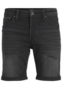 Shorts de mezclilla negros con dobladillo enrollado, diseño de cinco bolsillos y un pequeño detalle desgastado en la parte frontal. Textura suave y corte clásico.