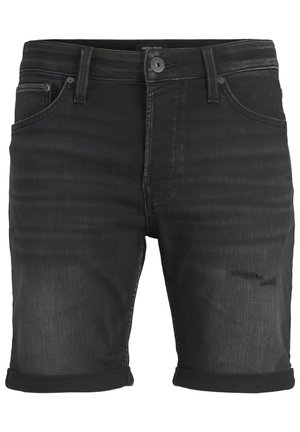 Shorts de mezclilla negros con dobladillo enrollado, diseño de cinco bolsillos y un pequeño detalle desgastado en la parte frontal. Textura suave y corte clásico.