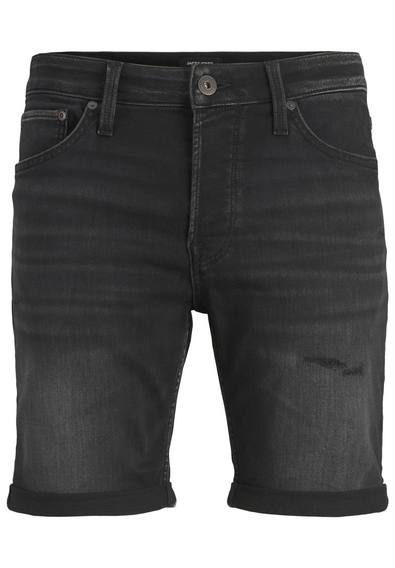 Shorts de mezclilla negros con dobladillo enrollado, diseño de cinco bolsillos y un pequeño detalle desgastado en la parte frontal. Textura suave y corte clásico.