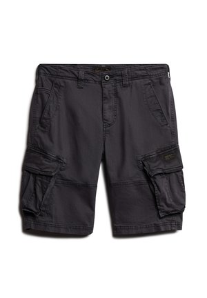 Dark gray cargo shorts made of cotton, featuring multiple side pockets, a button closure, and a straight cut design.