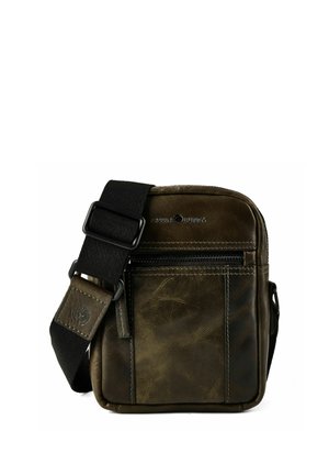 Kompakte dunkelbraune Leder-Umhängetasche mit vorderer Reißverschlusstasche und verstellbarem schwarzen Stoffgurt.