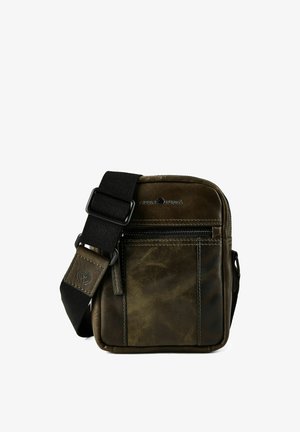 Kompakte dunkelbraune Leder-Umhängetasche mit vorderer Reißverschlusstasche und verstellbarem schwarzen Stoffgurt.