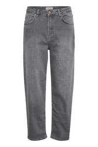 Pelēki džinsi ar taisnu piegriezumu, piecu kabatu dizainu un pogu aizdari. Iezīmējas ar subtilu tekstūru un stīgām gar šuvēm.