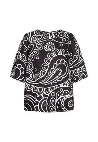 Maglietta nera a maniche corte con un motivo paisley bianco, scollatura tonda con dettaglio a oblò e vestibilità comoda.