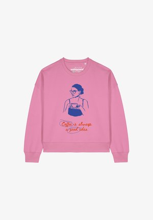 Rosa Sweatshirt mit einem Grafikmotiv einer Frau mit Brille, die eine Tasse Kaffee hält, und dem Text "Kaffee ist immer eine gute Idee" in Orange.