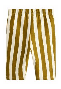 Baumwollshorts mit elastischem Bündchen, die abwechselnd kräftige gelb-grüne und weiße vertikale Streifen aufweisen, mit glatter Textur und in mittellanger Länge bis zur Oberschenkelmitte.