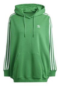 Groene Adidas hoodie met witte drie-strepen details op de mouwen, een kangaroovak aan de voorkant, capuchon met trekkoord en een klein Adidas-logo op de borst.