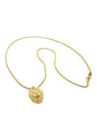 Collier en chaîne en métal doré avec un pendentif en tête de lion. Présente une texture lisse et des détails complexes sur le pendentif.